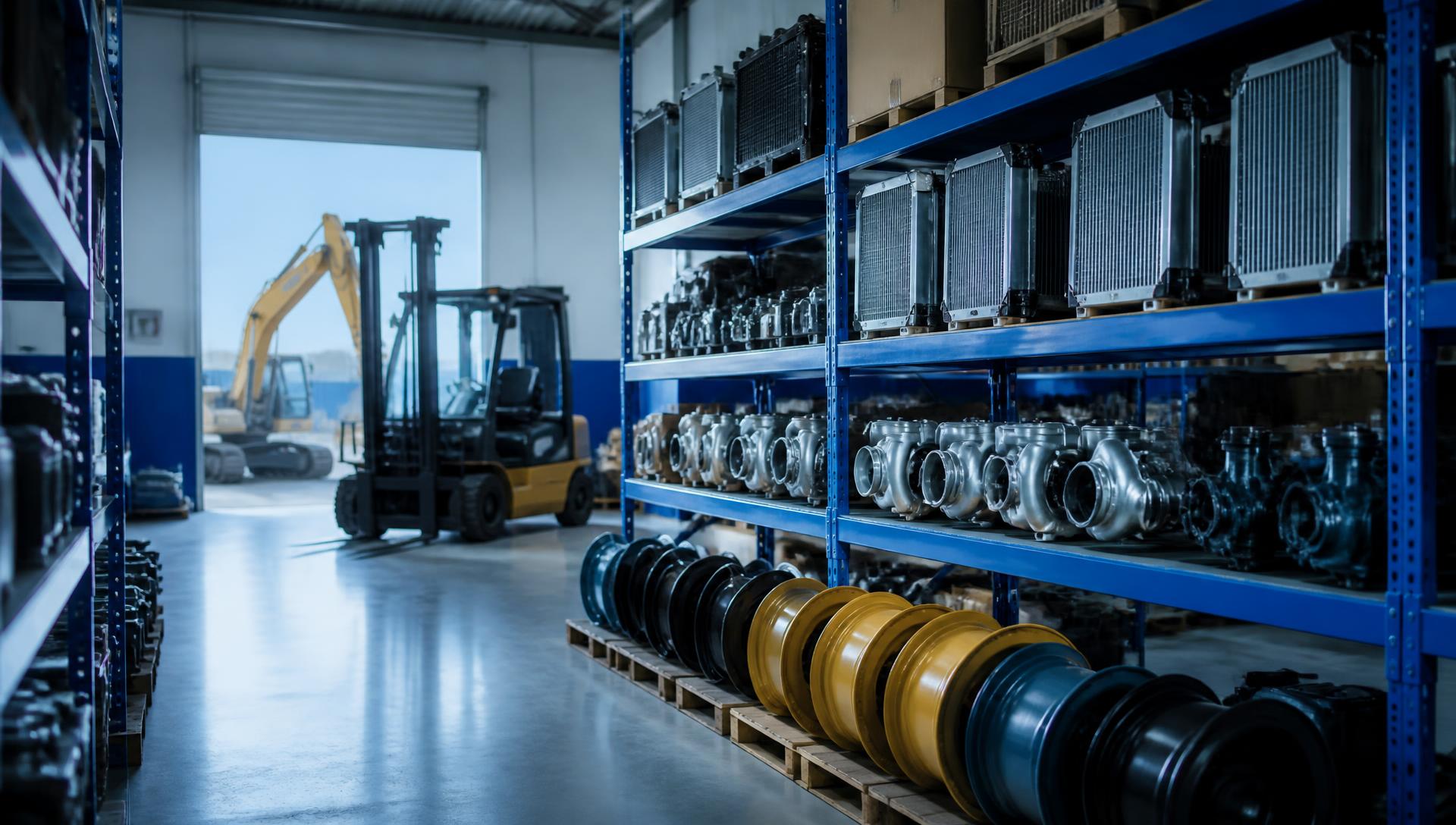 Warehouse shelves of radiators, water pumps and forklift rims at Bola Oguns Int'l Nig. Ltd in Lagos